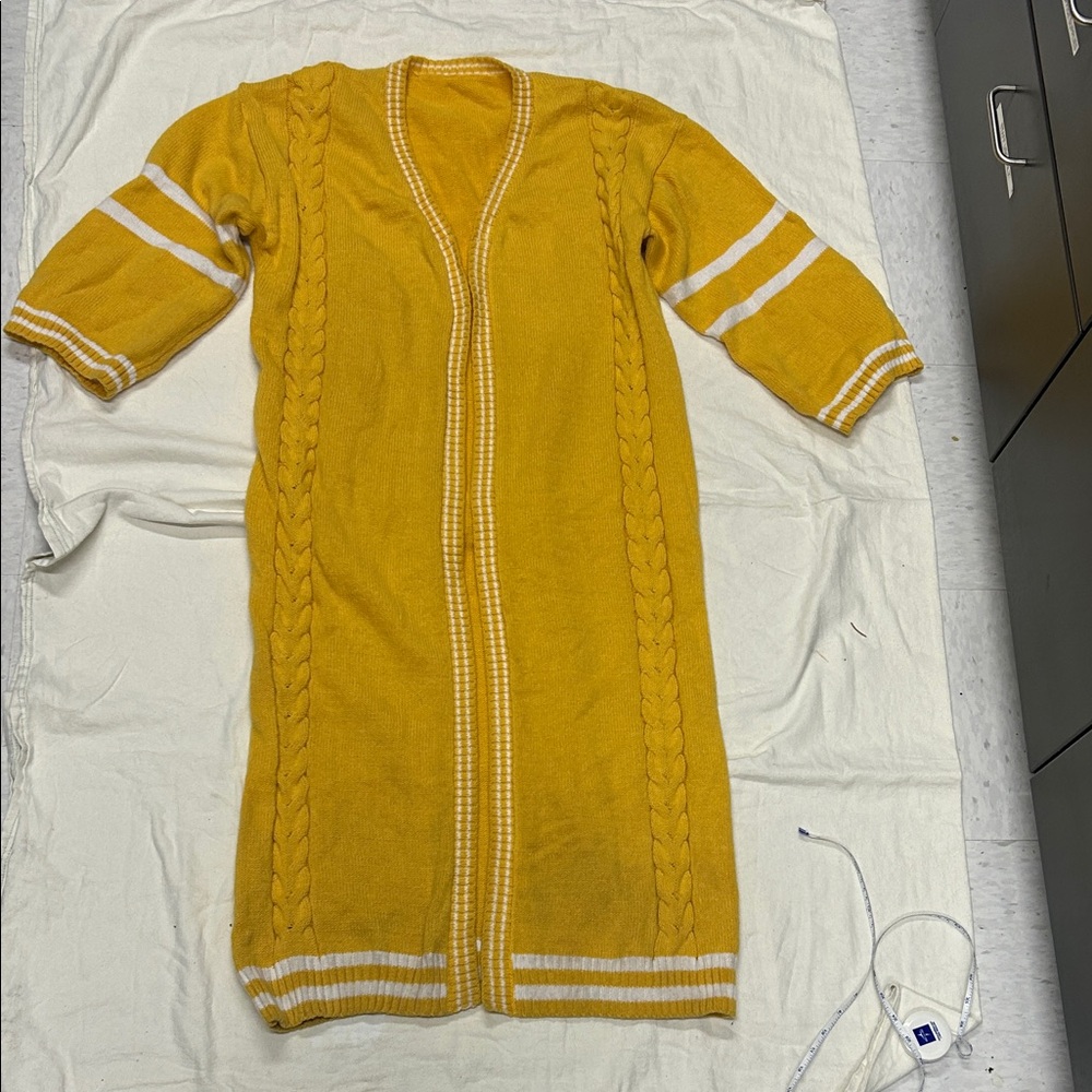 Yellow Long Knit Cardigan with White Stripes